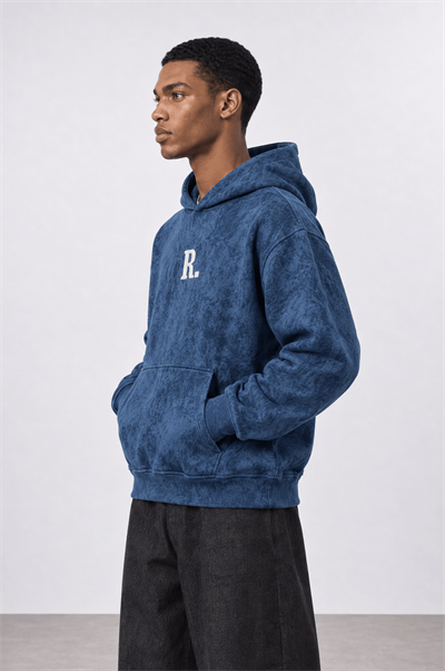 Erkek Revere Nakışlı Yıkamalı Oversize Hoodie Lacivert