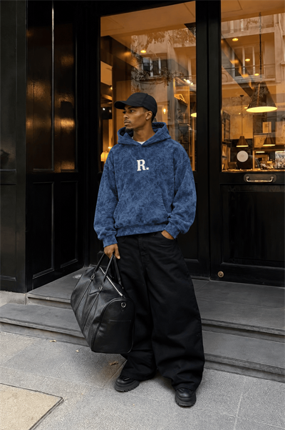 Erkek Revere Nakışlı Yıkamalı Oversize Hoodie Lacivert