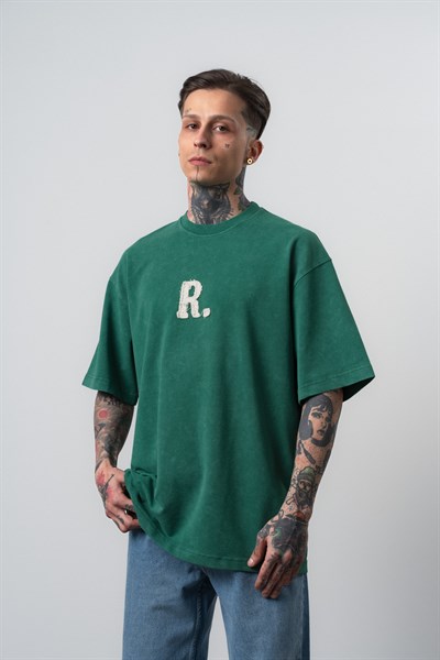Erkek Revere Nakışlı Yıkamalı Oversize T-Shirt Nefti