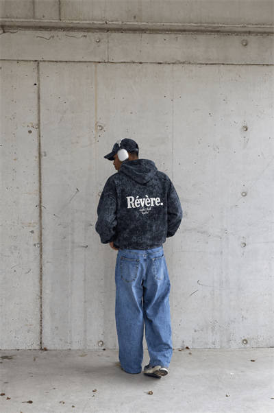 Erkek Revere Nakışlı Yıkamalı Oversize Hoodie Siyah