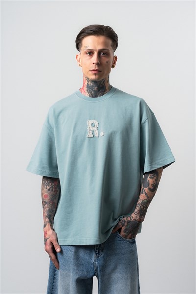 Erkek Revere Nakışlı Yıkamalı Oversize T-Shirt Bebe Mavi