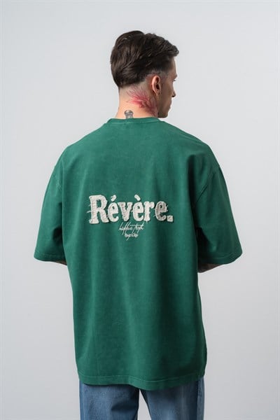 Erkek Revere Nakışlı Yıkamalı Oversize T-Shirt Nefti