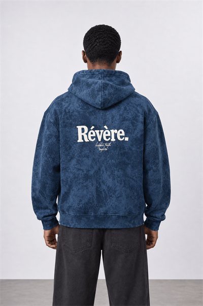 Erkek Revere Nakışlı Yıkamalı Oversize Hoodie Lacivert