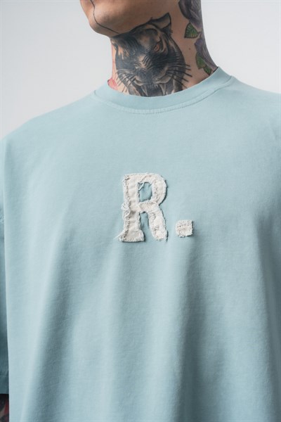 Erkek Revere Nakışlı Yıkamalı Oversize T-Shirt Bebe Mavi
