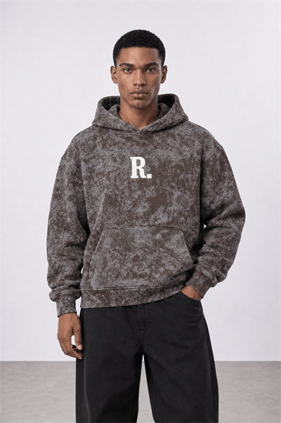 Erkek Revere Nakışlı Yıkamalı Oversize Hoodie Kahve