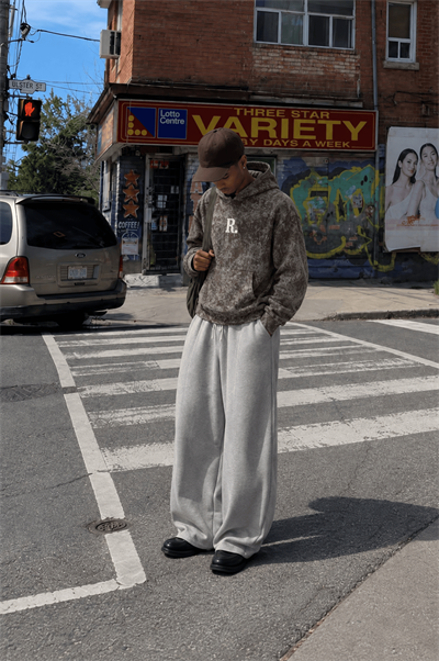 Erkek Revere Nakışlı Yıkamalı Oversize Hoodie Kahve