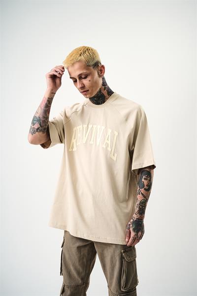 Erkek Revival Baskılı Oversize T-Shirt Bej