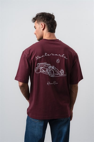 Erkek Riviera Nakışlı Oversize T-Shirt Bordo