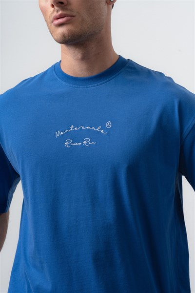 Erkek Riviera Nakışlı Oversize T-Shirt Mavi