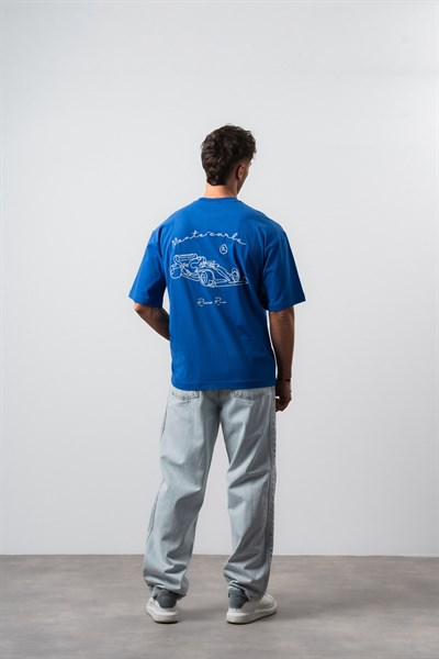 Erkek Riviera Nakışlı Oversize T-Shirt Mavi