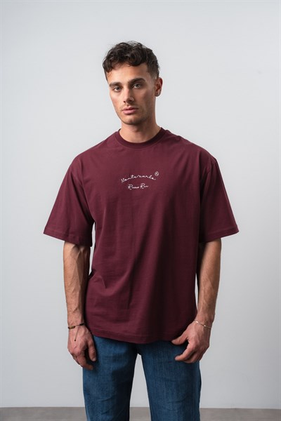Erkek Riviera Nakışlı Oversize T-Shirt Bordo