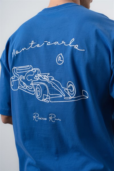 Erkek Riviera Nakışlı Oversize T-Shirt Mavi
