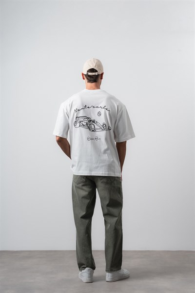 Erkek Riviera Nakışlı Oversize T-Shirt Ekru