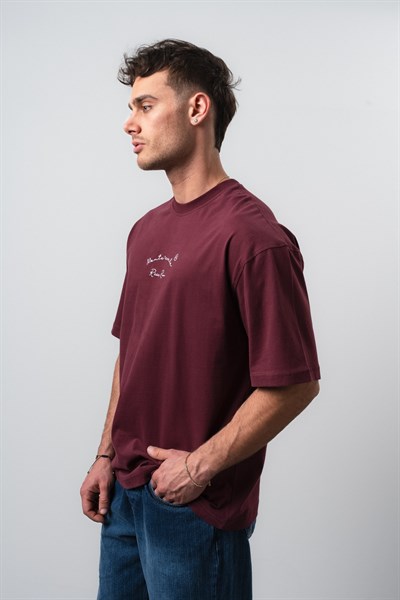 Erkek Riviera Nakışlı Oversize T-Shirt Bordo