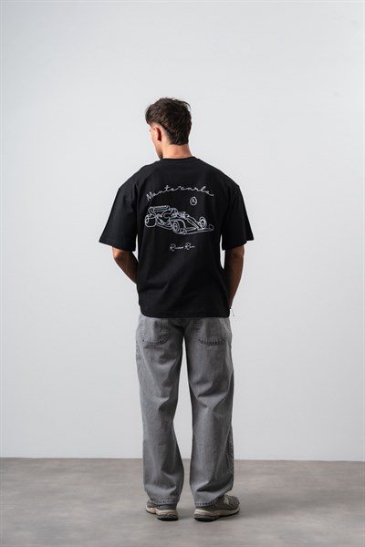Erkek Riviera Nakışlı Oversize T-Shirt Siyah