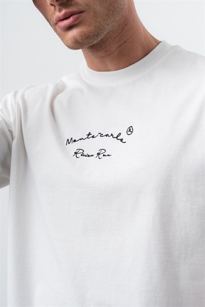Erkek Riviera Nakışlı Oversize T-Shirt Ekru