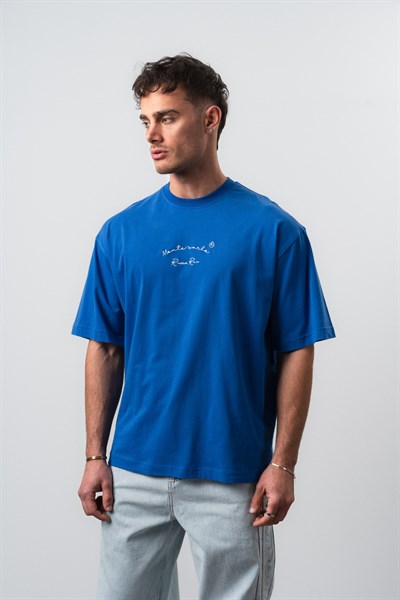 Erkek Riviera Nakışlı Oversize T-Shirt Mavi