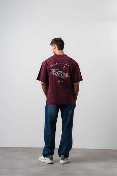 Erkek Riviera Nakışlı Oversize T-Shirt Bordo