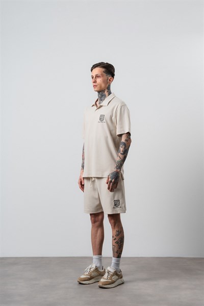 Erkek Rocket Club Yazılı Regular Fit T-Shirt Şort Takım Bej