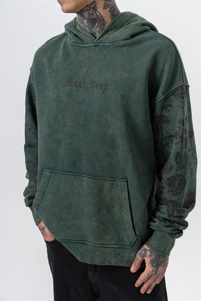 Erkek Root Deep Baskılı Yıkamalı Kapüşonlu Oversize Hoodie Yeşil