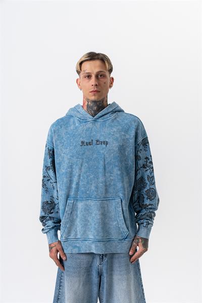 Erkek Root Deep Baskılı Yıkamalı Kapüşonlu Oversize Hoodie Mavi