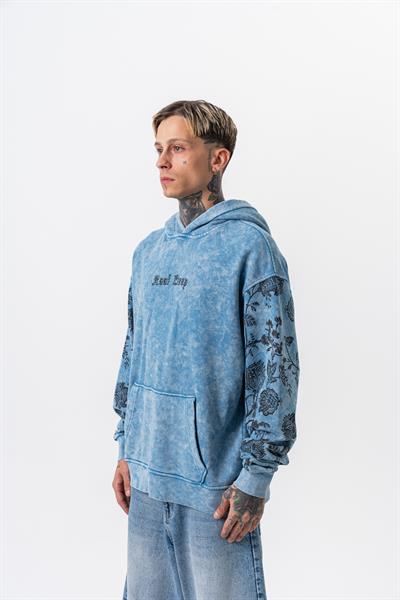 Erkek Root Deep Baskılı Yıkamalı Kapüşonlu Oversize Hoodie Mavi