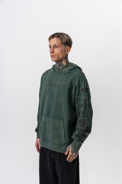 Erkek Root Deep Baskılı Yıkamalı Kapüşonlu Oversize Hoodie Yeşil