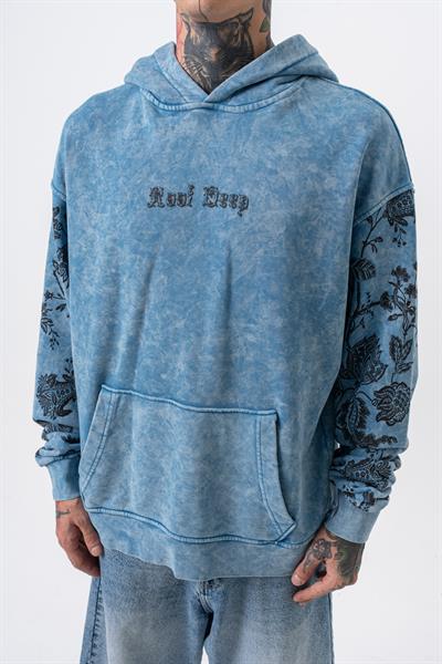 Erkek Root Deep Baskılı Yıkamalı Kapüşonlu Oversize Hoodie Mavi