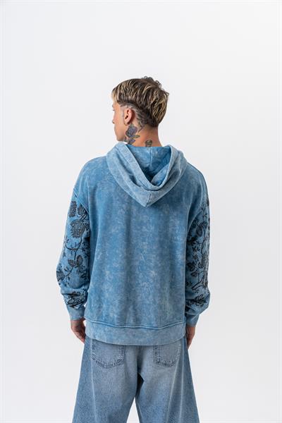 Erkek Root Deep Baskılı Yıkamalı Kapüşonlu Oversize Hoodie Mavi