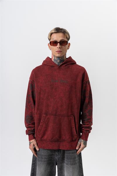 Erkek Root Deep Baskılı Yıkamalı Kapüşonlu Oversize Hoodie Bordo