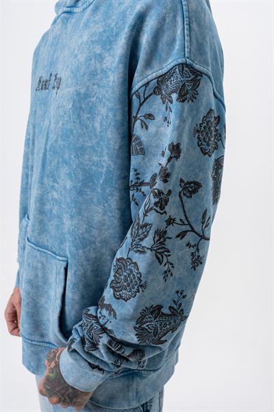 Erkek Root Deep Baskılı Yıkamalı Kapüşonlu Oversize Hoodie Mavi