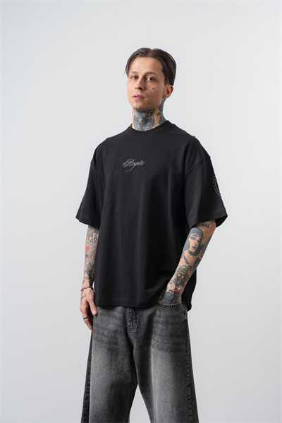 Erkek Rosette Nakış Detaylı Oversize T-Shirt Siyah