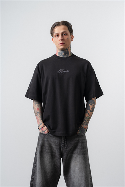 Erkek Rosette Nakış Detaylı Oversize T-Shirt Siyah