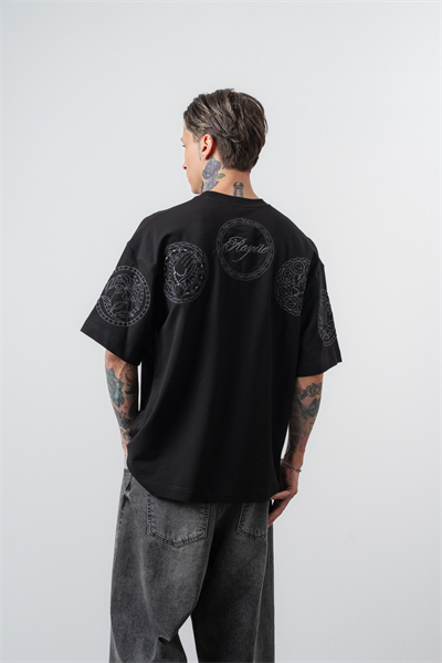 Erkek Rosette Nakış Detaylı Oversize T-Shirt Siyah