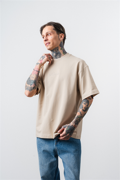 Erkek Rosette Nakış Detaylı Oversize T-Shirt Bej