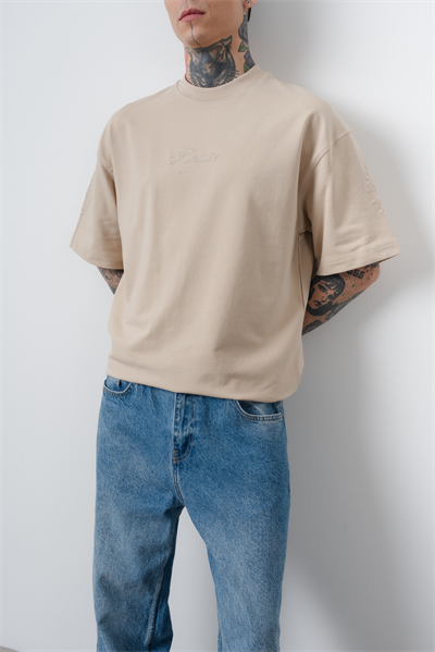 Erkek Rosette Nakış Detaylı Oversize T-Shirt Bej