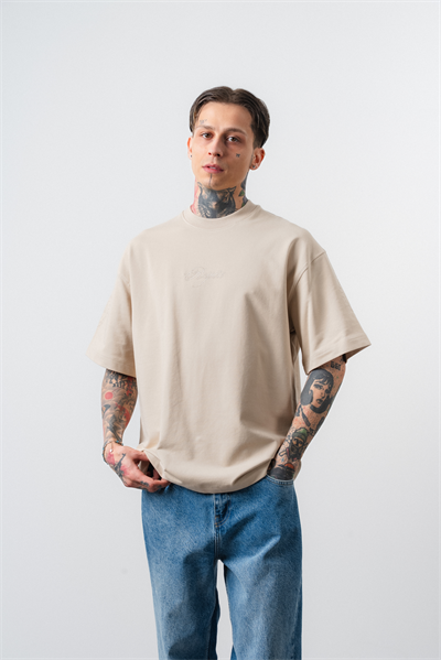 Erkek Rosette Nakış Detaylı Oversize T-Shirt Bej