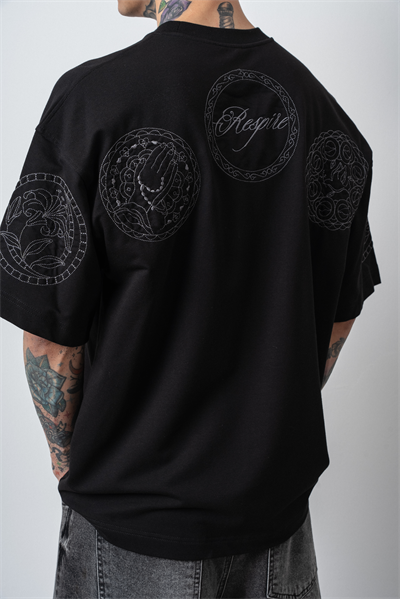 Erkek Rosette Nakış Detaylı Oversize T-Shirt Siyah