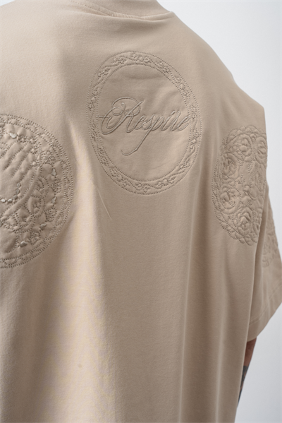Erkek Rosette Nakış Detaylı Oversize T-Shirt Bej