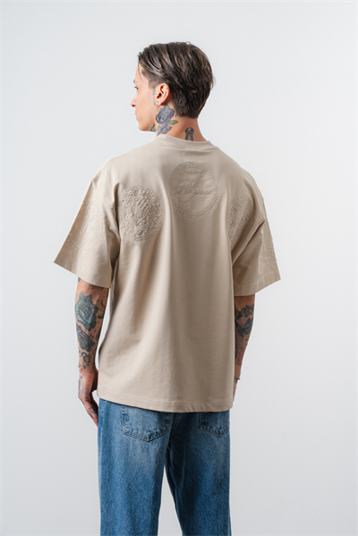 Erkek Rosette Nakış Detaylı Oversize T-Shirt Bej