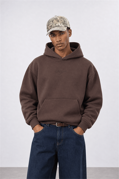 Erkek Rosette Nakışlı Oversize Hoodie Kahve
