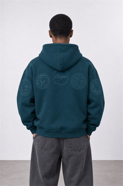 Erkek Rosette Nakışlı Oversize Hoodie Zümrüt
