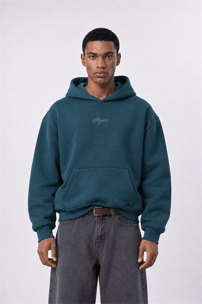 Erkek Rosette Nakışlı Oversize Hoodie Zümrüt