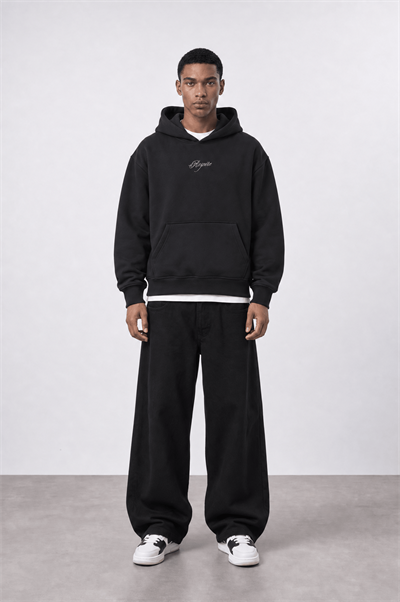 Erkek Rosette Nakışlı Oversize Hoodie Siyah