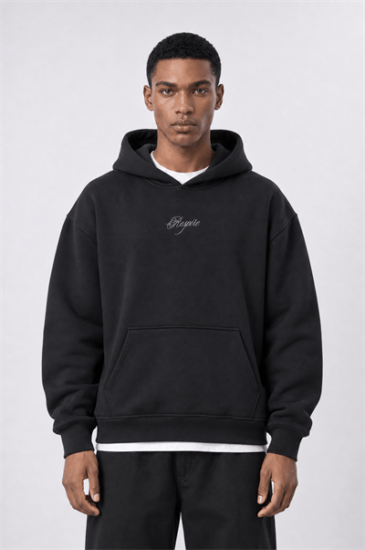 Erkek Rosette Nakışlı Oversize Hoodie Siyah