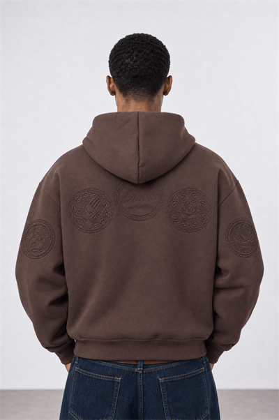 Erkek Rosette Nakışlı Oversize Hoodie Kahve