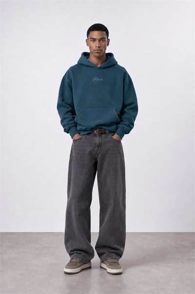 Erkek Rosette Nakışlı Oversize Hoodie Zümrüt