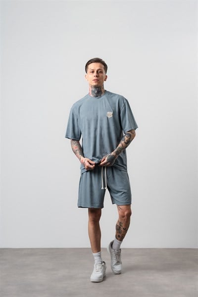 Erkek Route 07 Arma Detaylı Regular Fit T-Shirt Şort Takım Gri