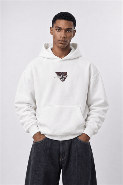 Erkek Sabr Patch Detaylı Oversize Hoodie Ekru