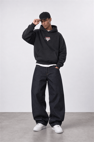 Erkek Sabr Patch Detaylı Oversize Hoodie Siyah